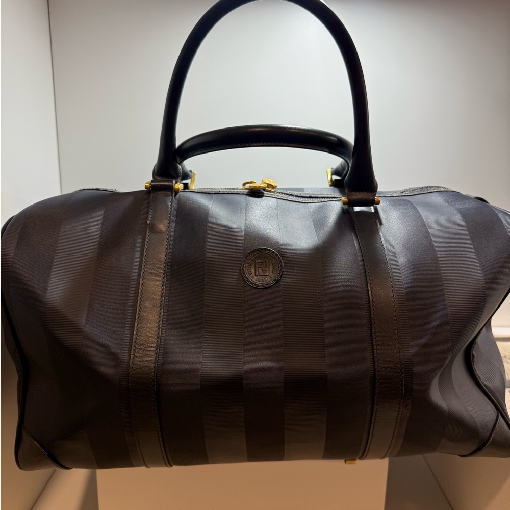 Fendi Zucca Logo Pecan Stripe Navy Boston Bag